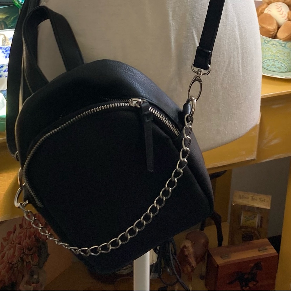 Black Leather Chain Strap Backpack